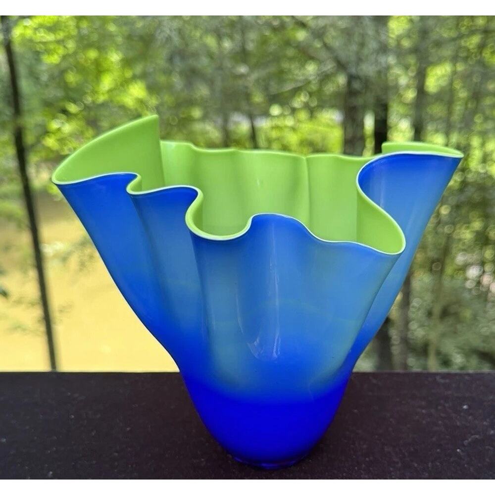 Gorgeous Designs Ruffled Vase Blown Green Glass Lined In Blue Cased Fine